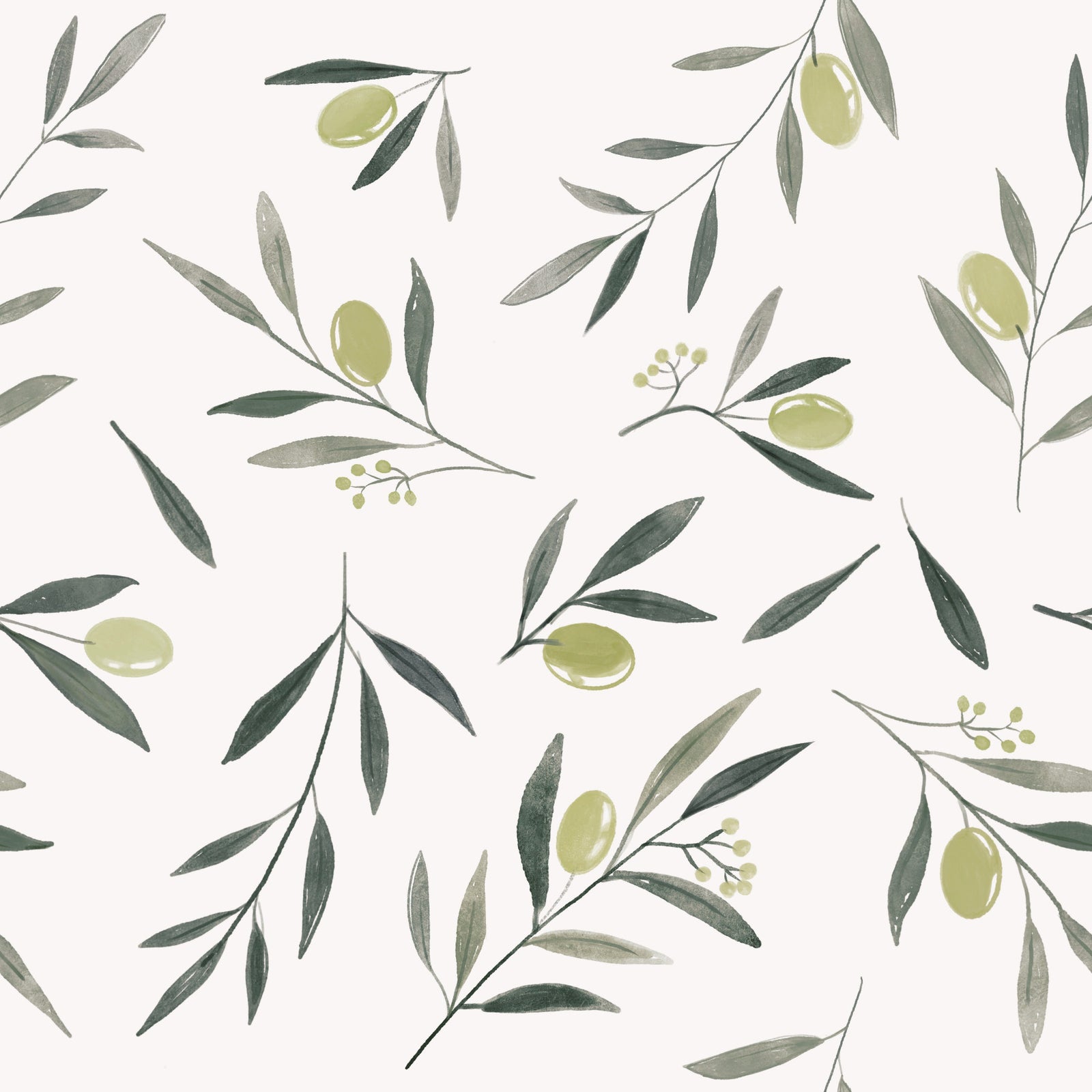 Watercolor Olive Garden Leaves and Fruit Wallpaper‚Å† in your room