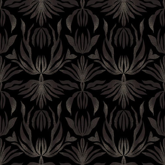 Midnight Bloom Damask art deco style abstract palm leaves Wallpaper⁠