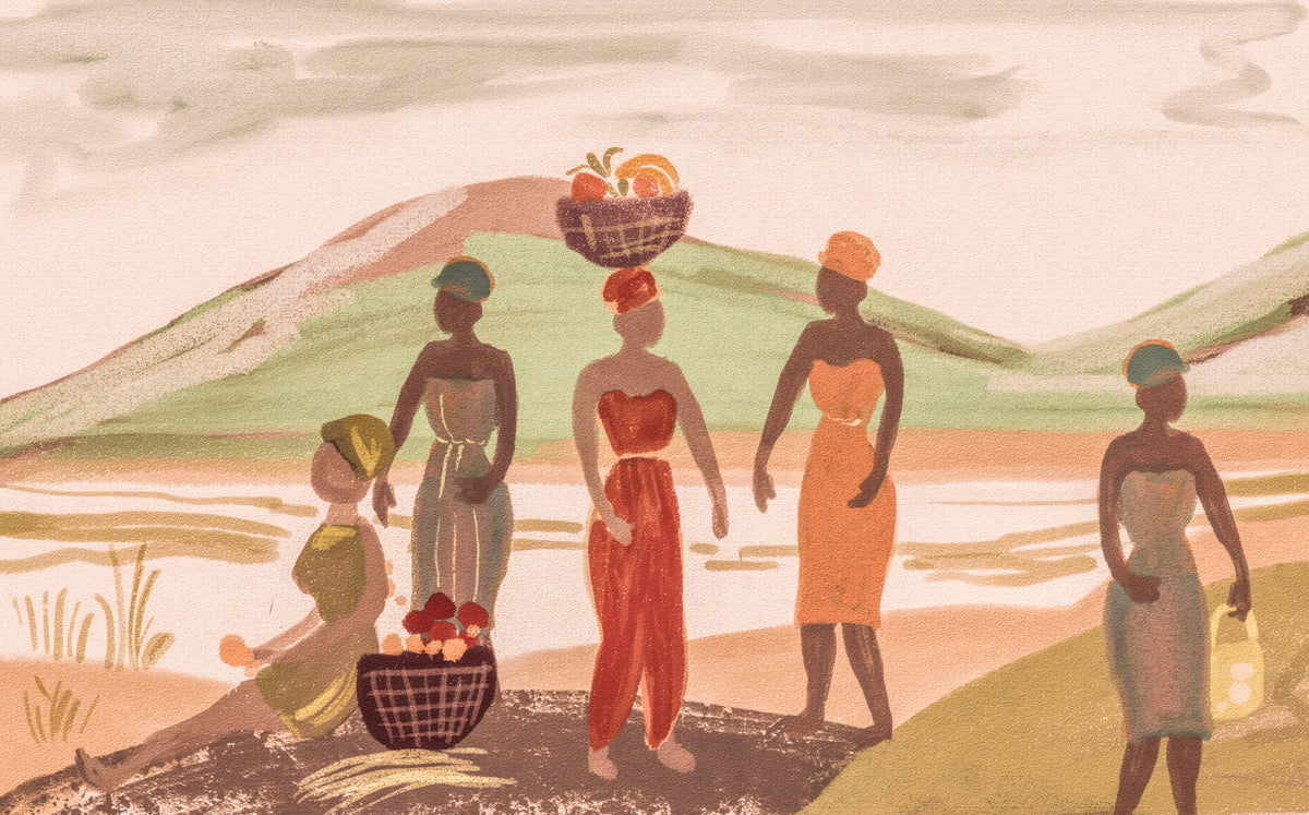 Echoes of the Motherland: Graceful African Women in Vibrant Traditional Attire Bearing the Harvest of Joy Wall Mural in your room