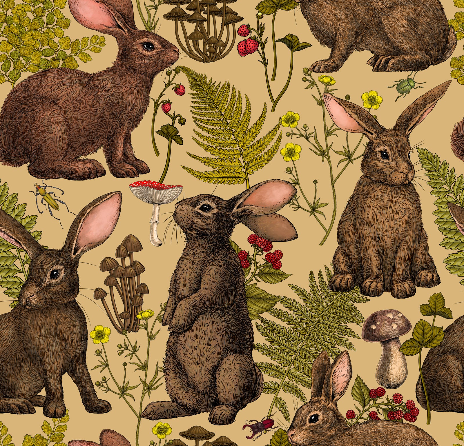 Rabbits and woodland flora Wallpaper⁠