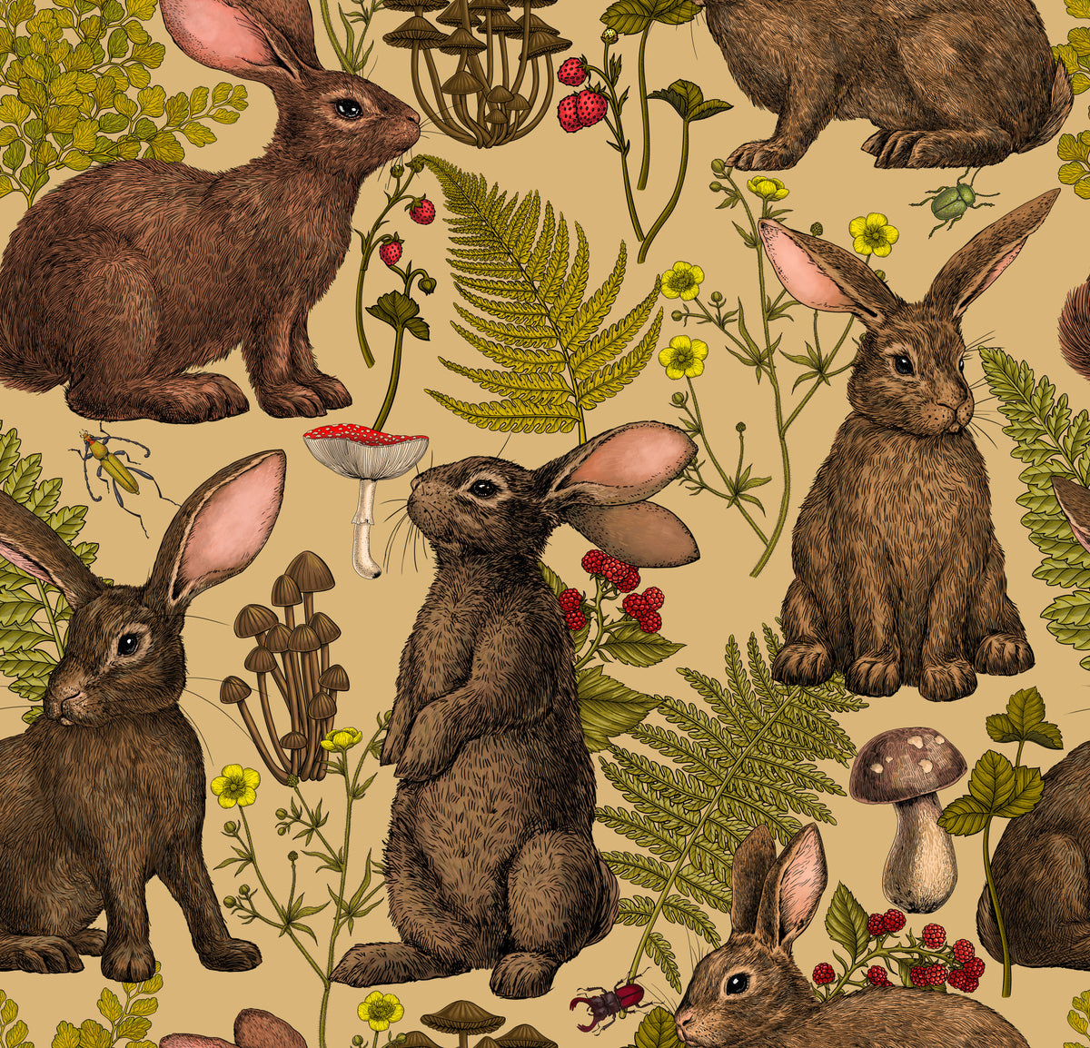 Rabbits and woodland flora Wallpaper⁠ in your room — zoomed
