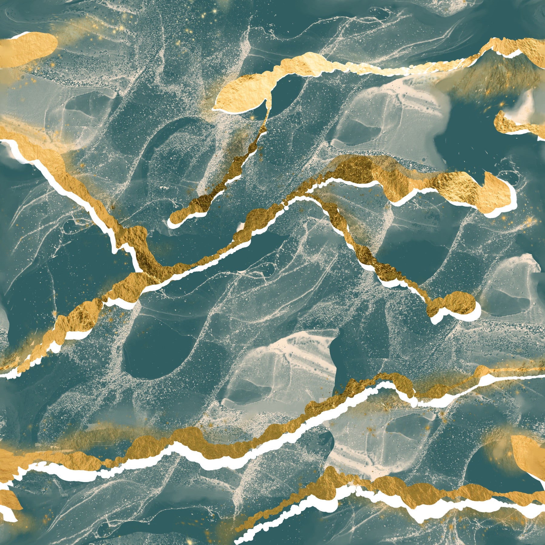 Golden Veins Deep Lagoon Marble - Modern Luxe Abstract Wall Mural