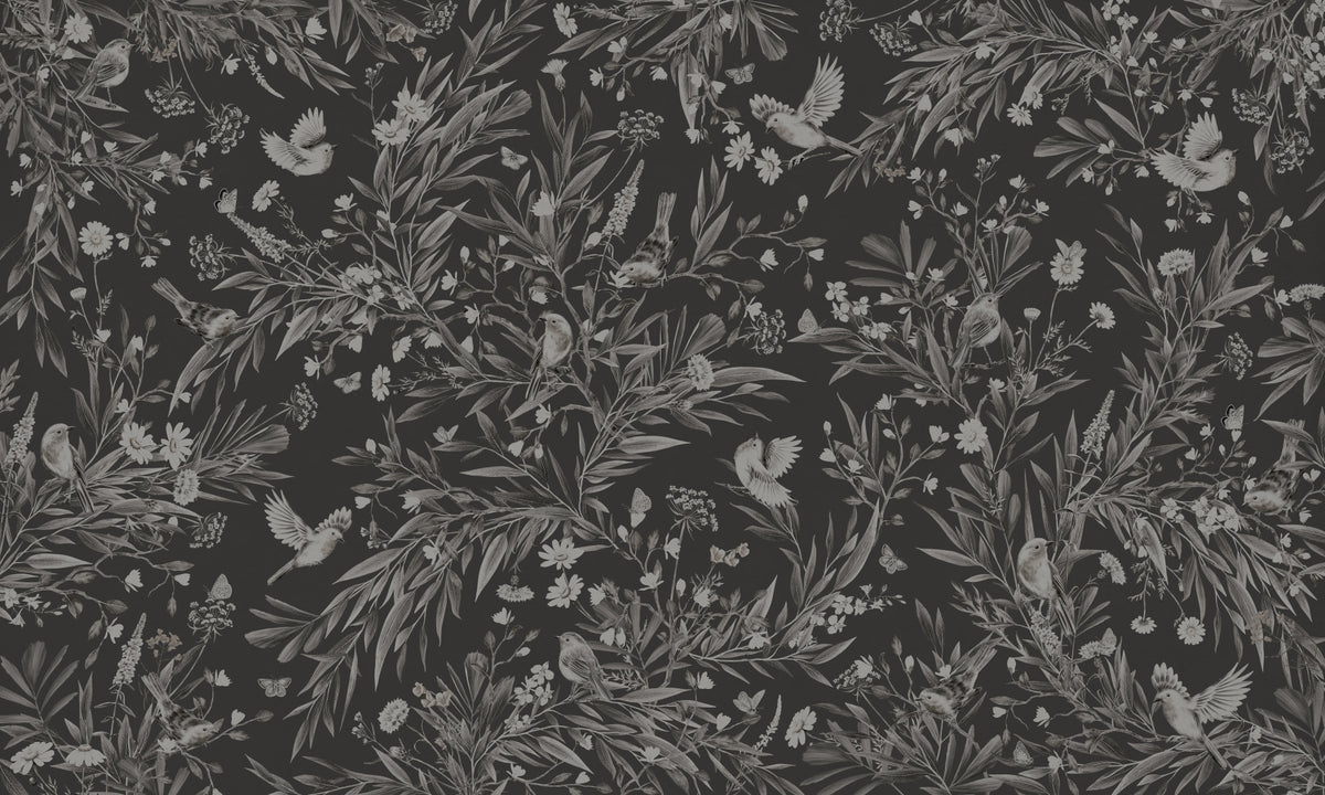 Nocturnal Song: Floral & Birds Wall Mural in your room — zoomed