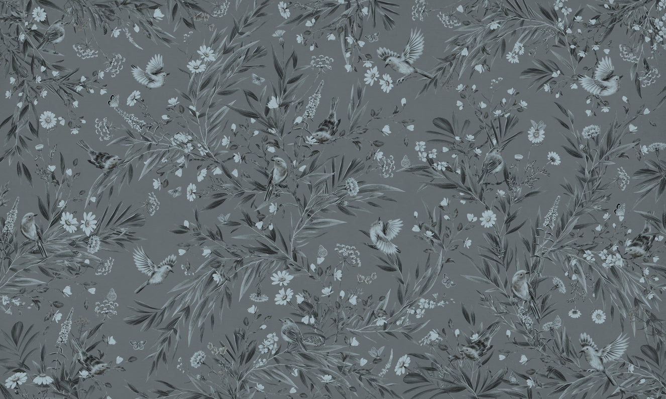Grey Floral Aviary Wall Mural