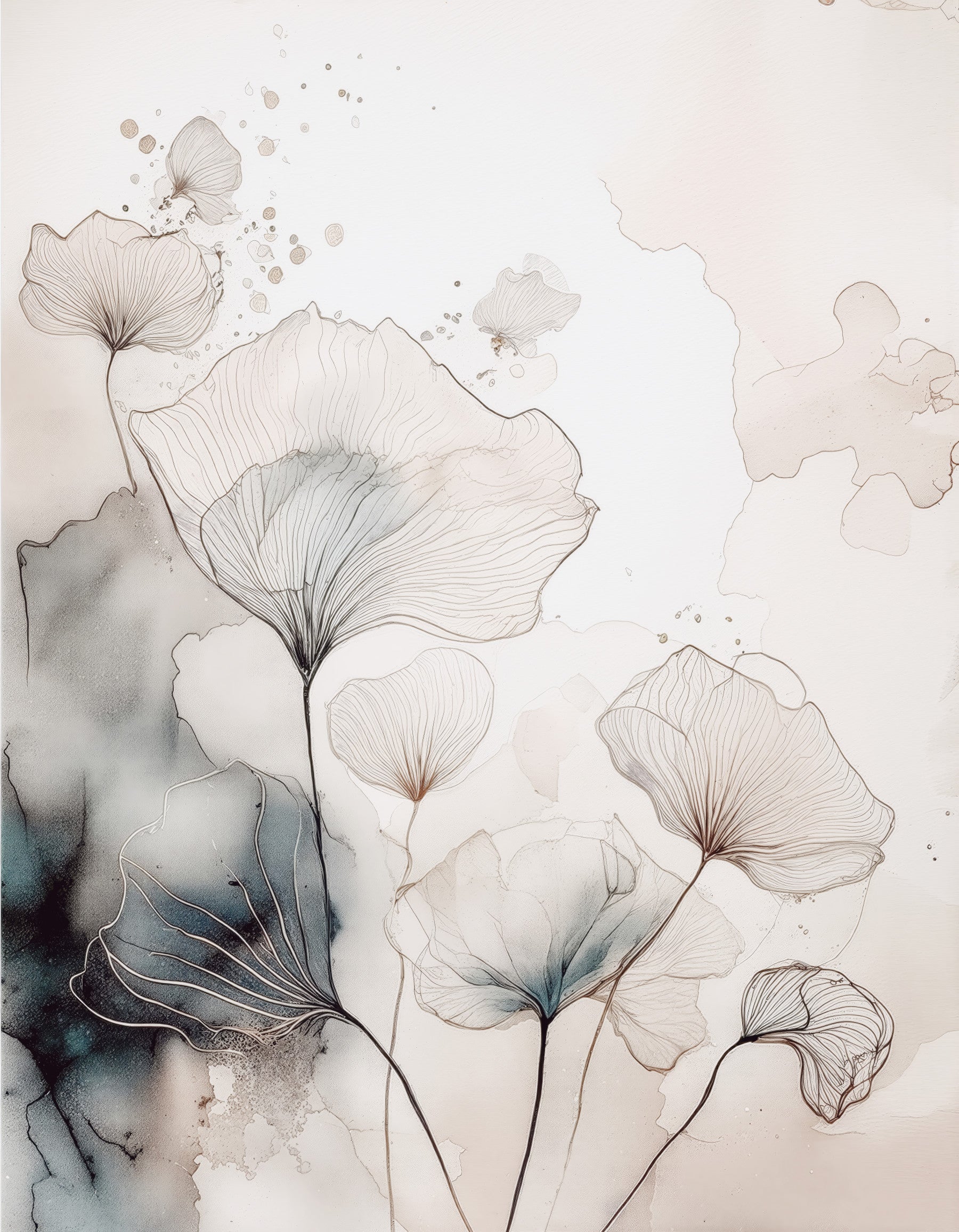 Fine Ink Wash Flowers Wall Mural