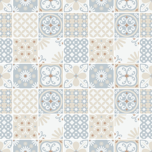 Vintage Folk Tiles ‚Äì Blue Breeze Wallpaper‚Å†