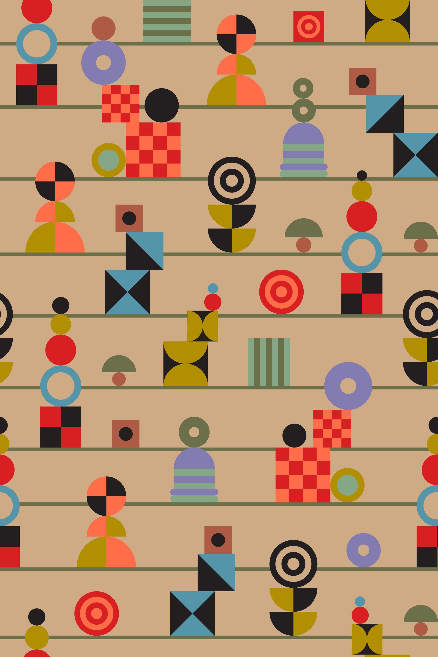 Stacking Retro Geometric Shapes Stripes Multicolored Cream Wallpaper⁠ in your room — zoomed