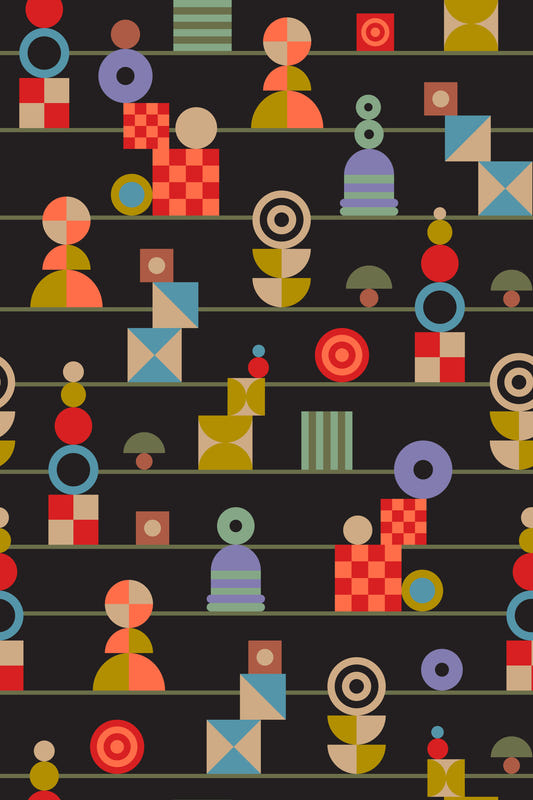 Stacking Retro Geometric Shapes Stripes Multicolored Charcoal Wallpaper⁠
