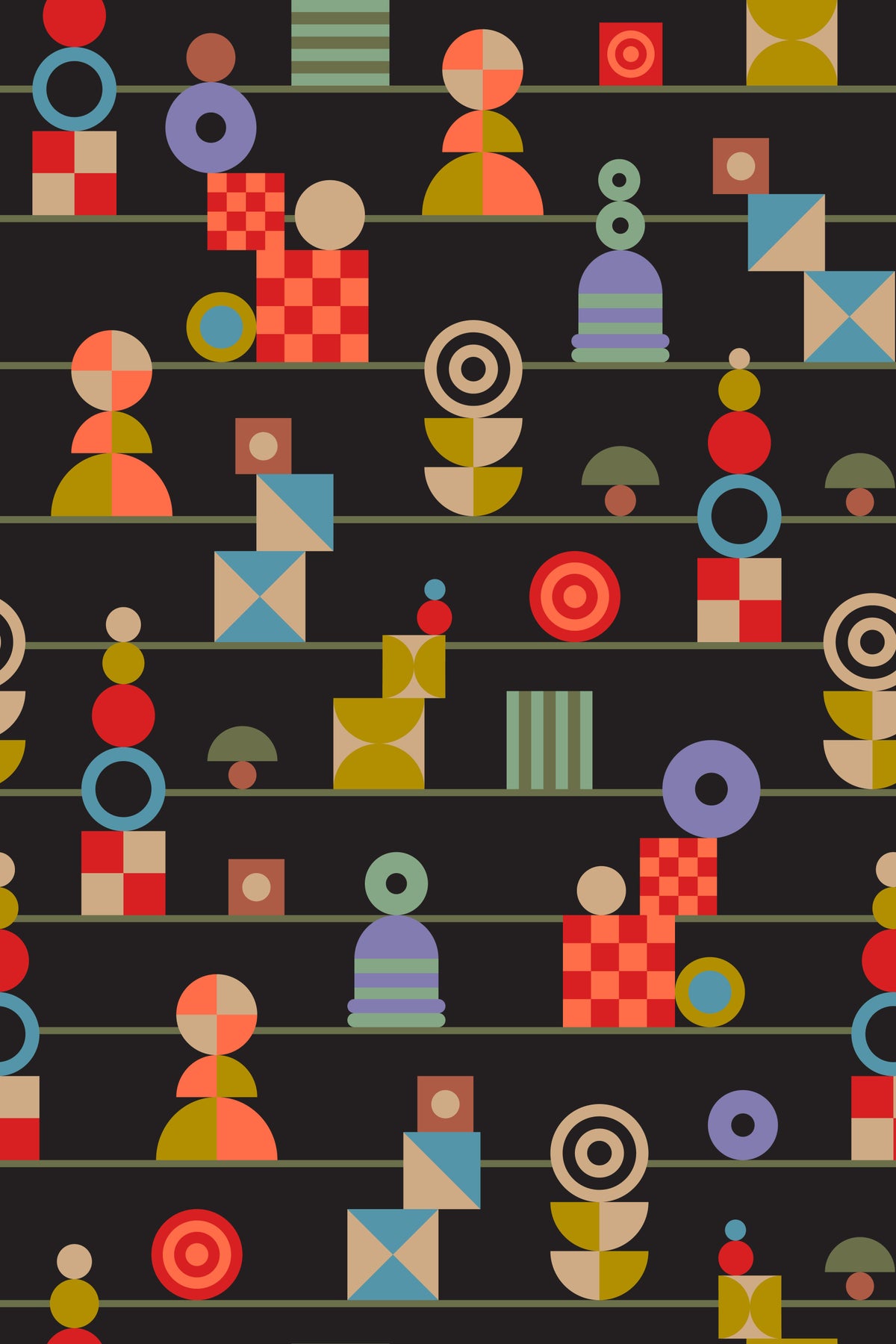 Stacking Retro Geometric Shapes Stripes Multicolored Charcoal Wallpaper⁠ in your room — zoomed