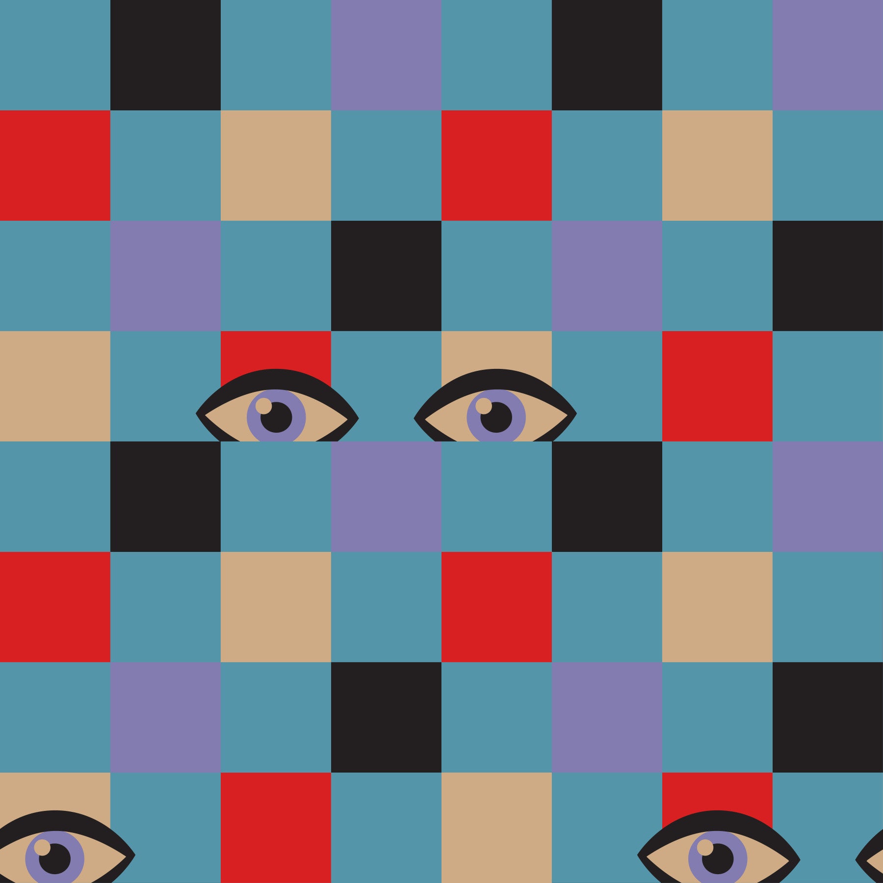 Peekaboo Retro Eyes Checkerboard Red Cream Purple Black Baby Blue Wallpaper⁠