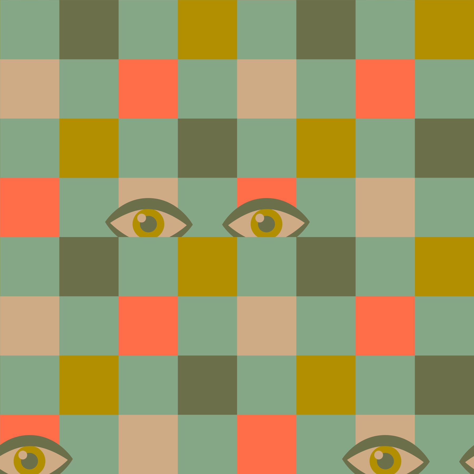 Peekaboo Retro Eyes Checkerboard Mustard Cream Olive Coral Mint Green Wallpaper⁠ in your room — zoomed