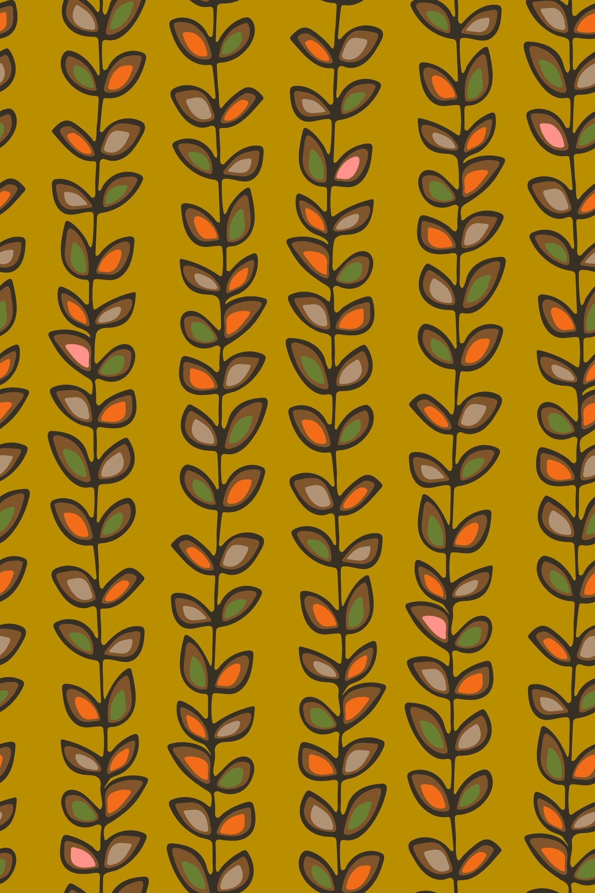 Papier peint rayures de vignes grimpantes feuilles rétro jaune moutarde