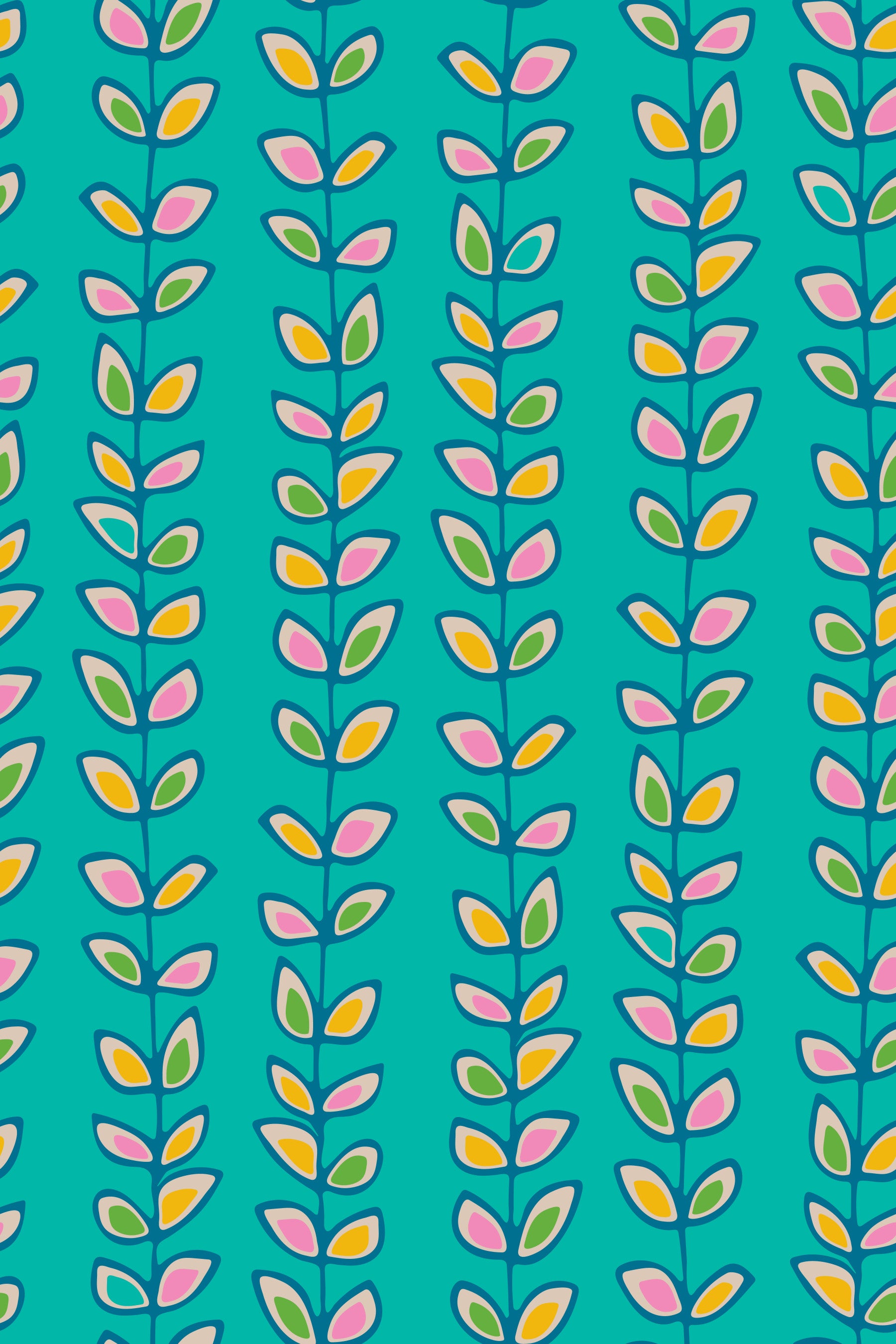 Climbing Vines Stripe Retro Leaves Turquoise Wallpaper‚Å†