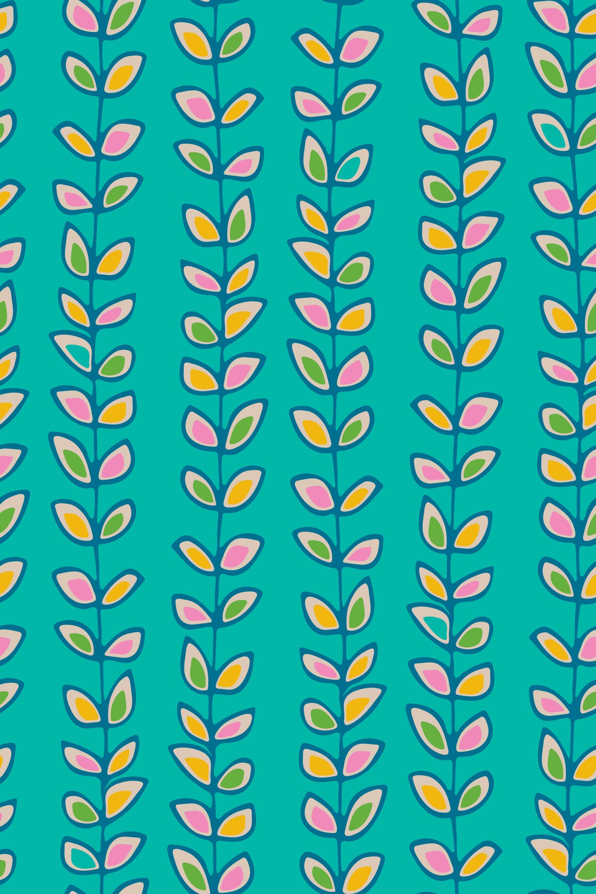 Climbing Vines Stripe Retro Leaves Turquoise Wallpaper⁠ in your room — zoomed