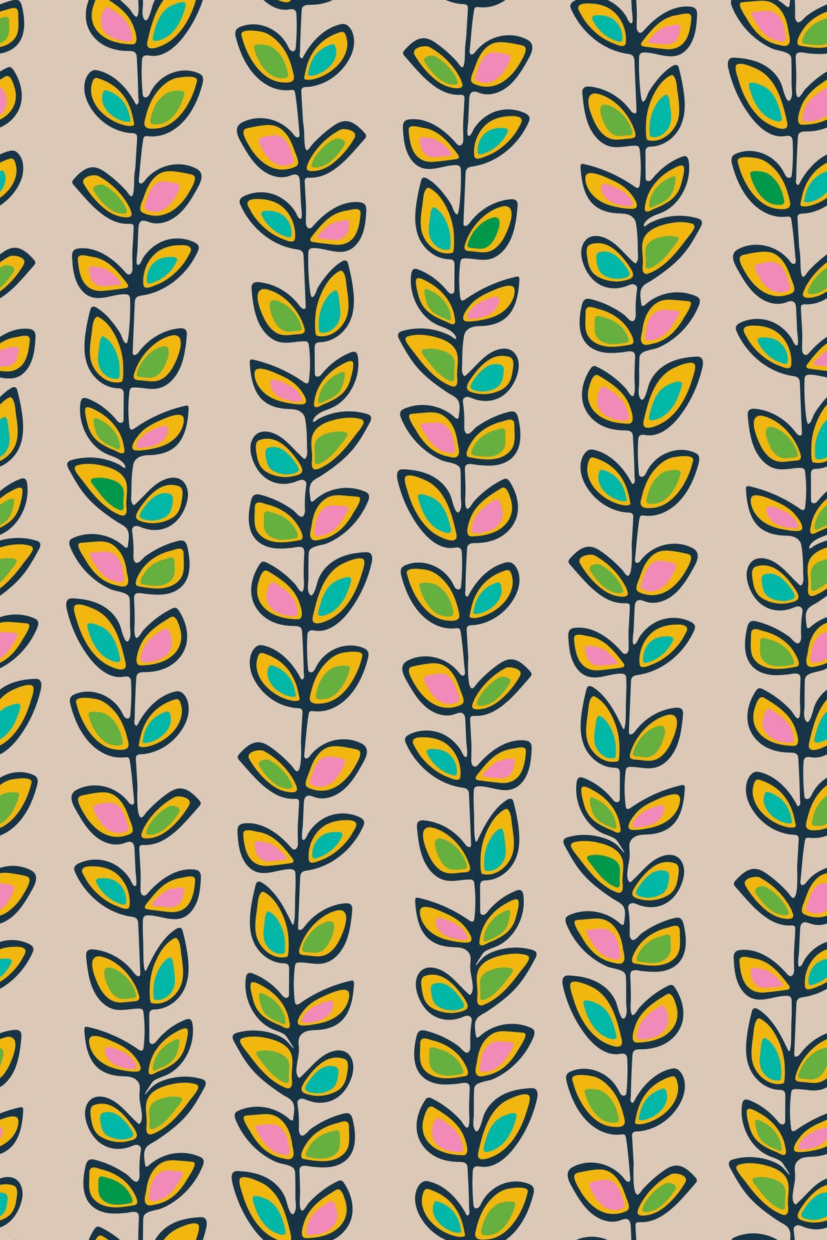 Papier peint rayé rétro feuilles grimpantes blanc cassé