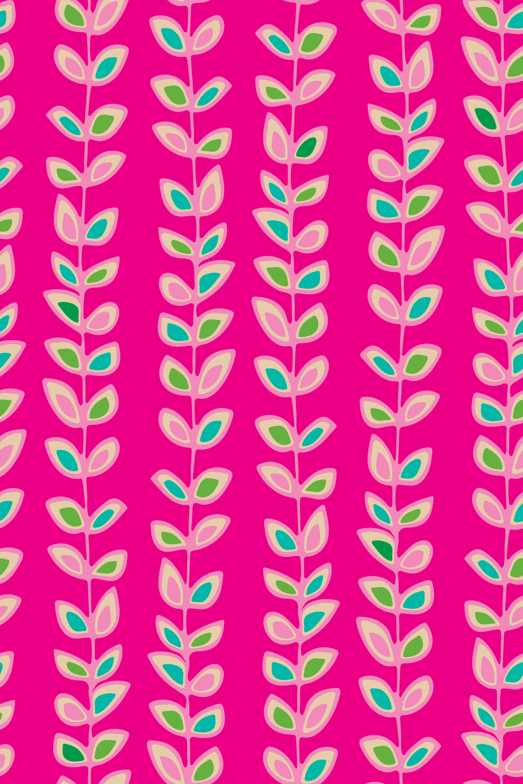 Climbing Vines Stripe Retro Leaves Fuchsia Pink Wallpaper⁠ in your room — zoomed