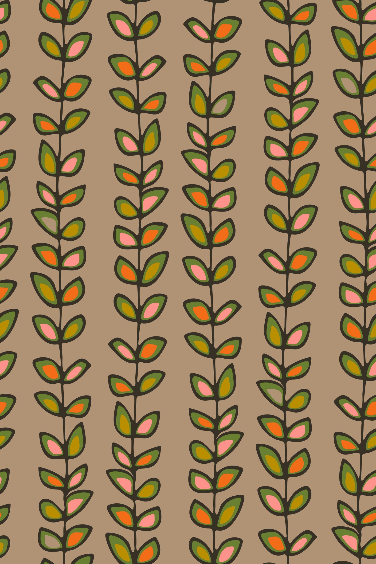 Papier peint rayures de vignes grimpantes feuilles rétro beige chaud