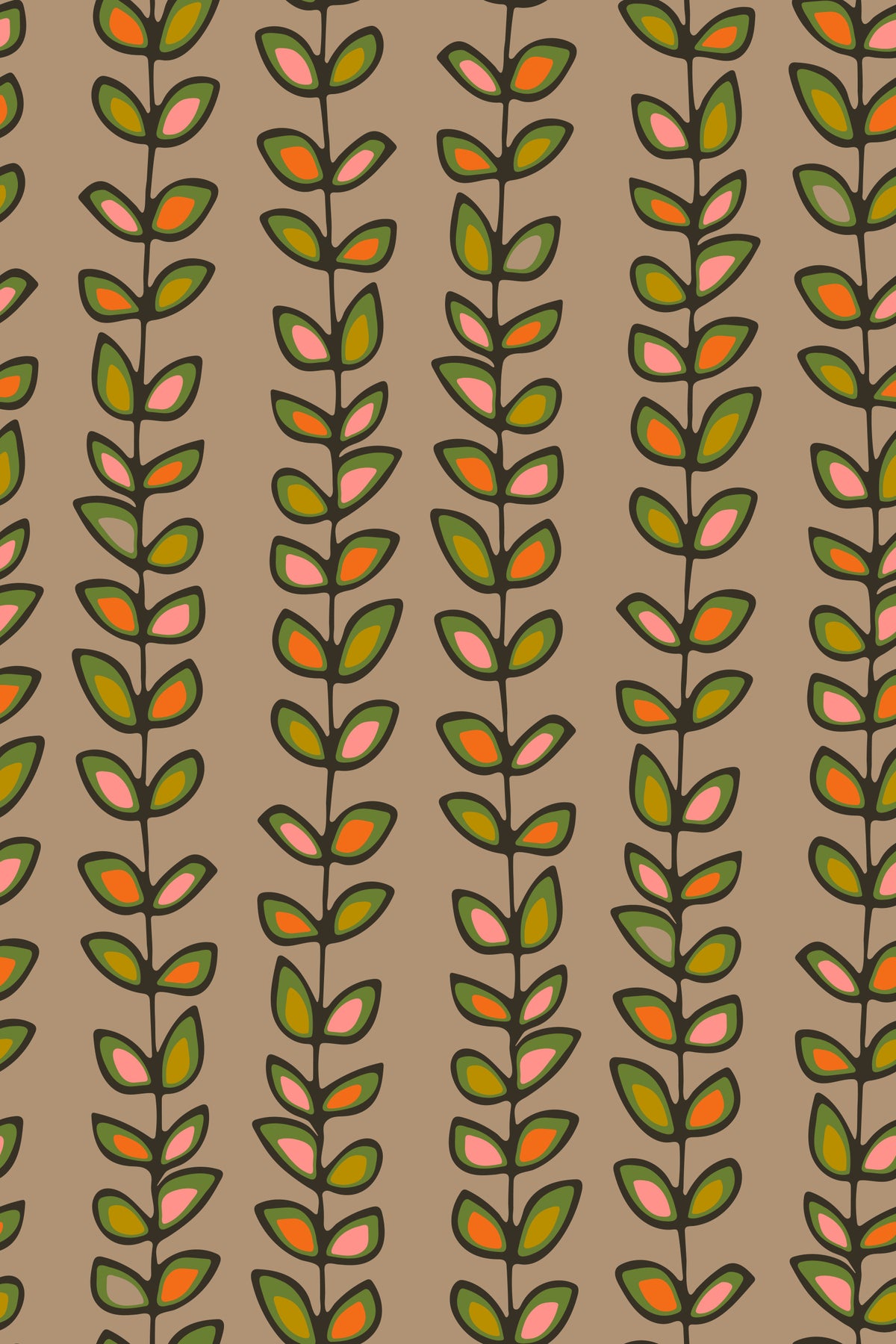 Papier peint rayures de vignes grimpantes feuilles rétro beige chaud in your room — zoomed