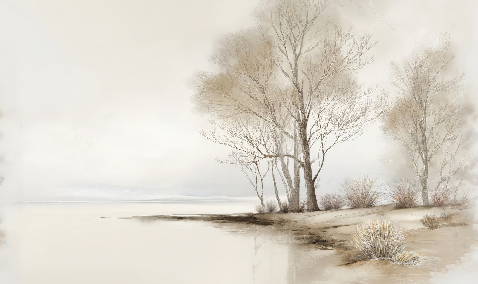 Fresque murale paysage arbres rivage d'hiver