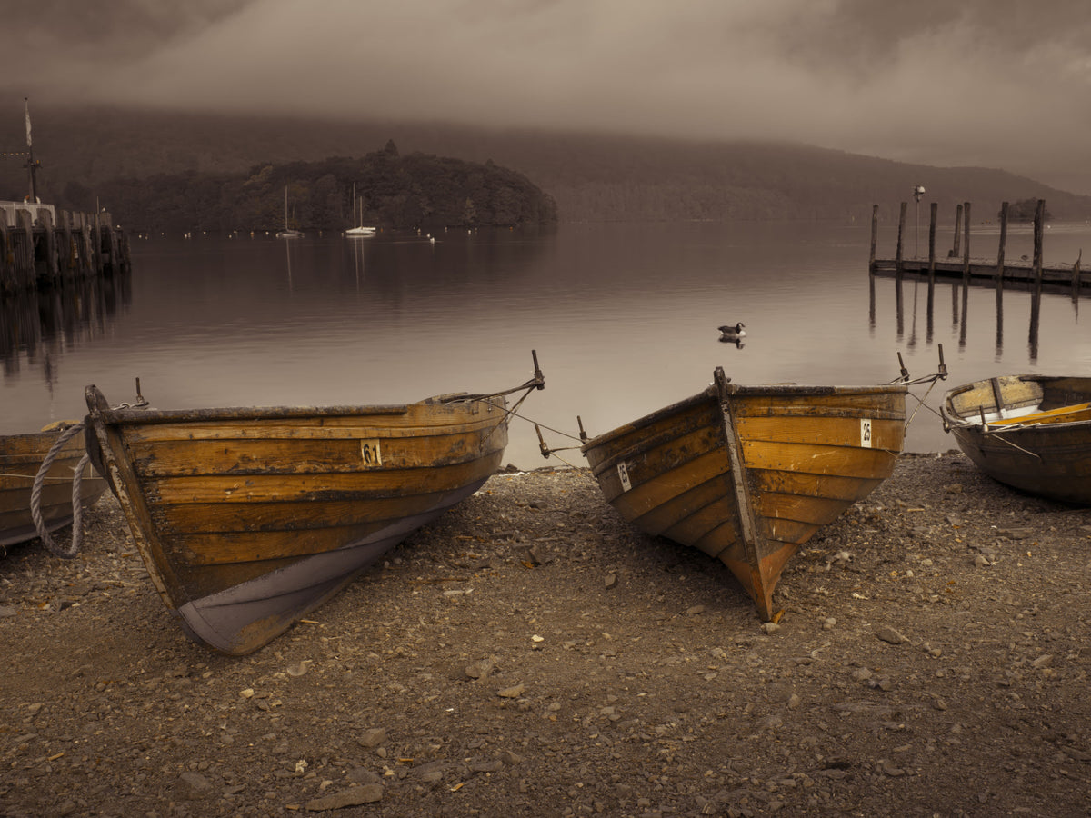 Lake Boats in Sepia Wall Mural in your room — zoomed