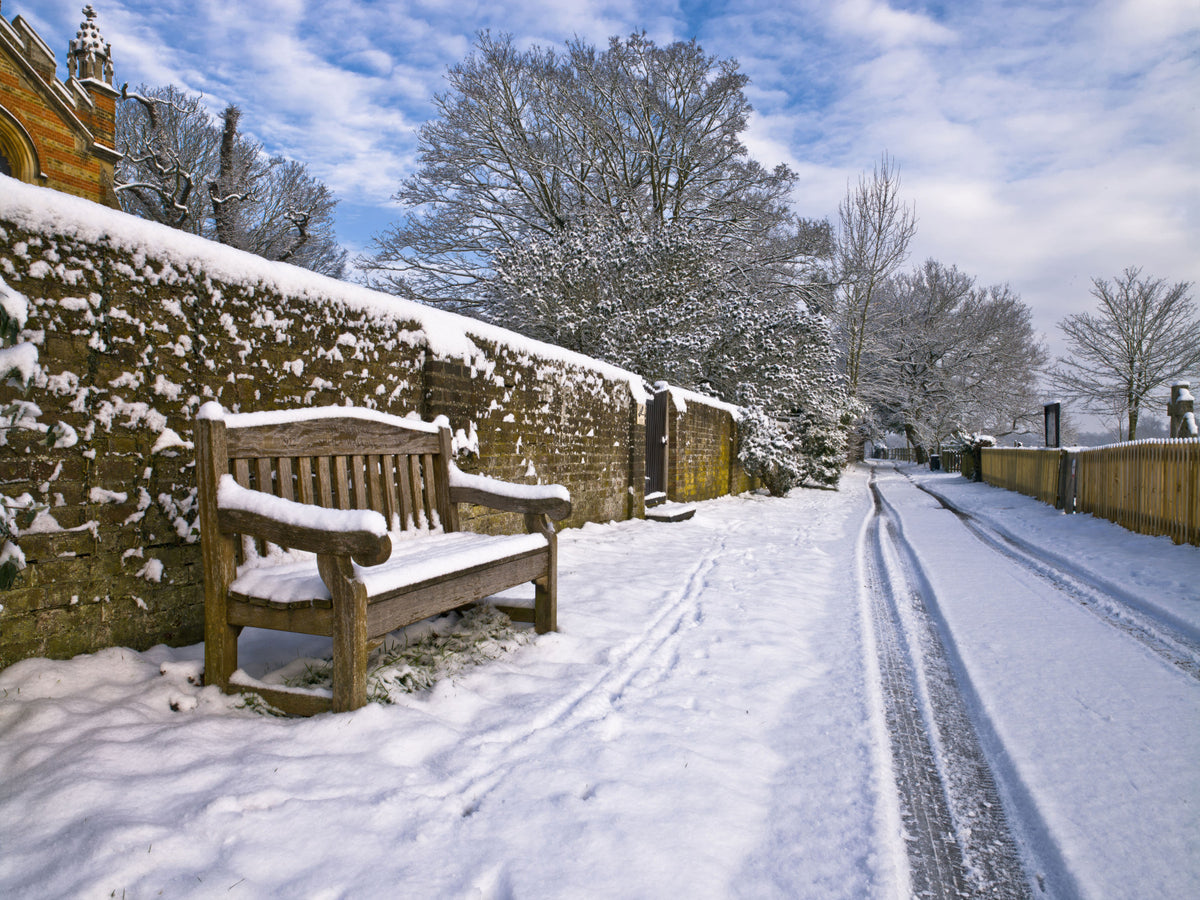 Snowy Bench Retreat Wall Mural in your room — zoomed