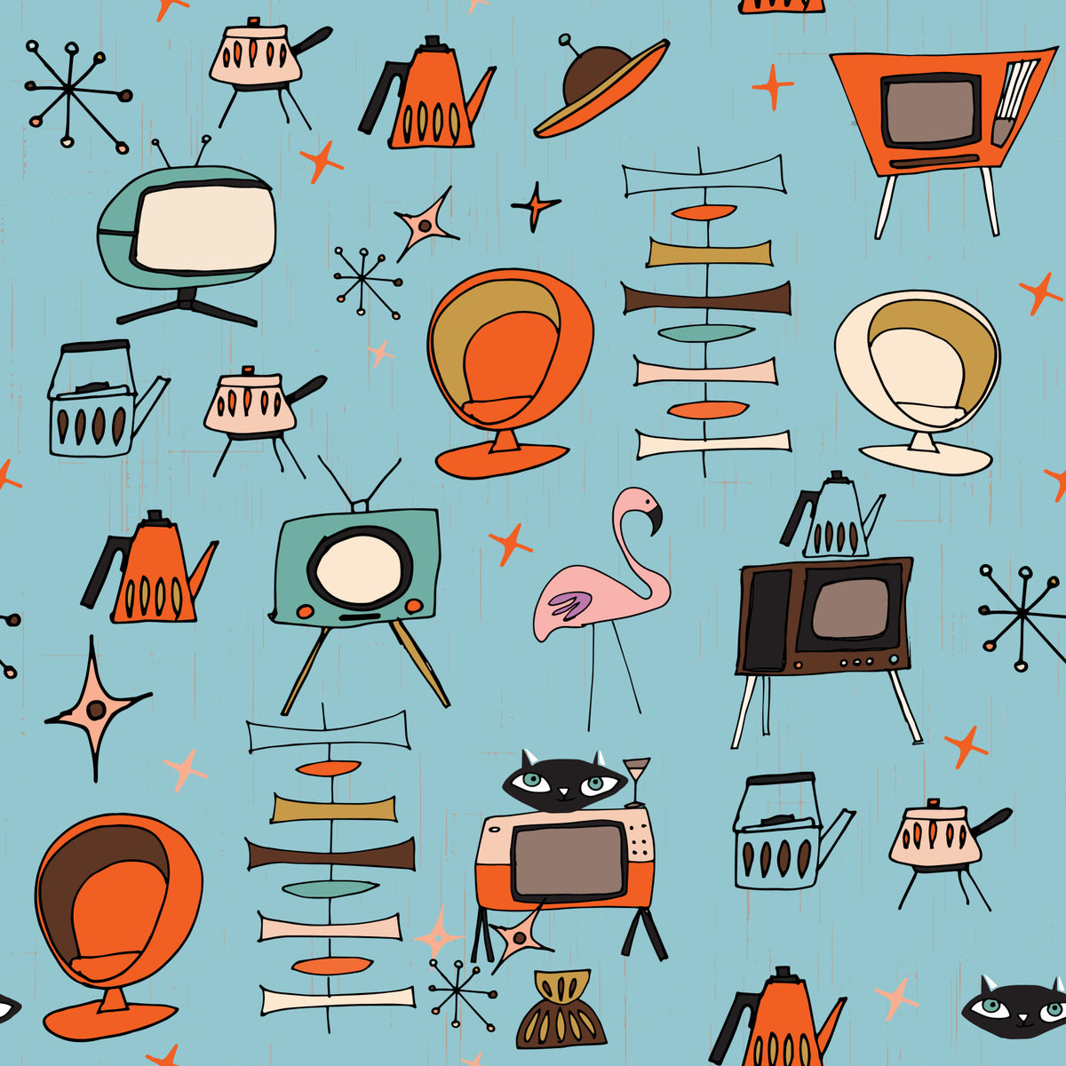Atomic Retro Living Kitsch Blue Wallpaper⁠