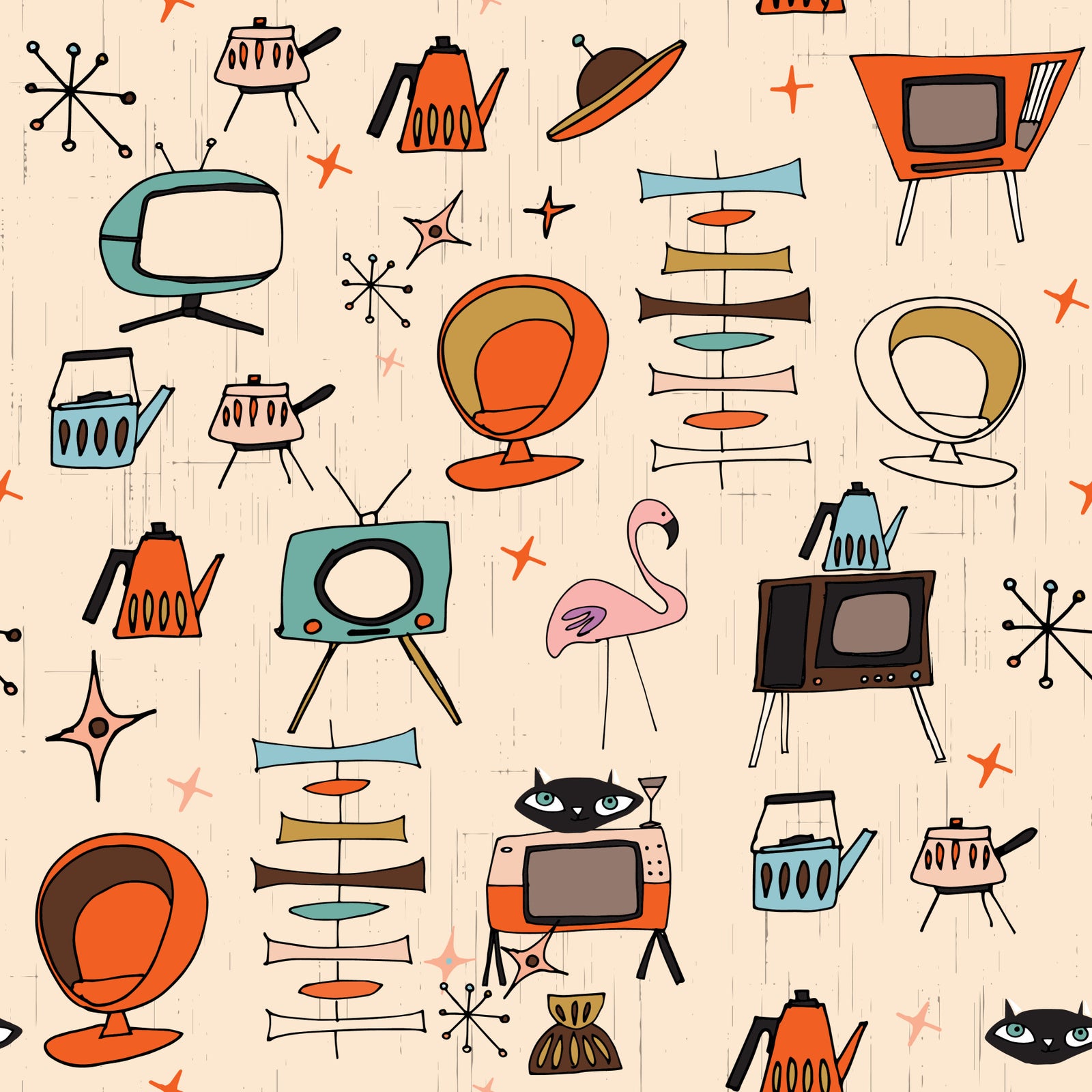 Atomic Retro Living Kitsch Beige Wallpaper⁠