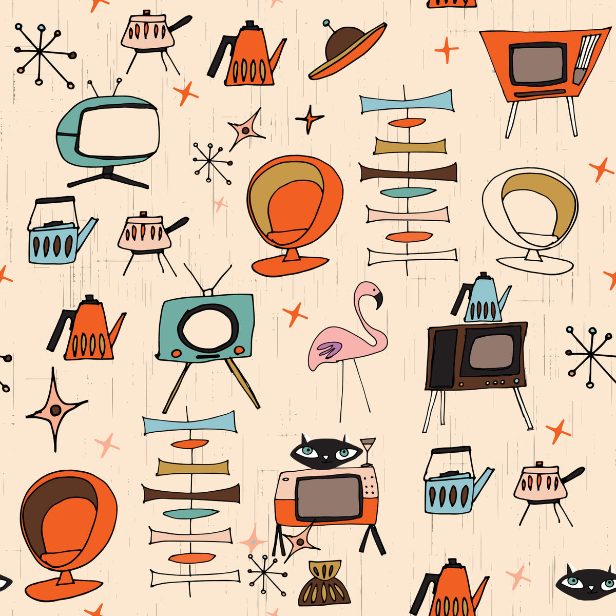 Atomic Retro Living Kitsch Beige Wallpaper⁠ in your room — zoomed