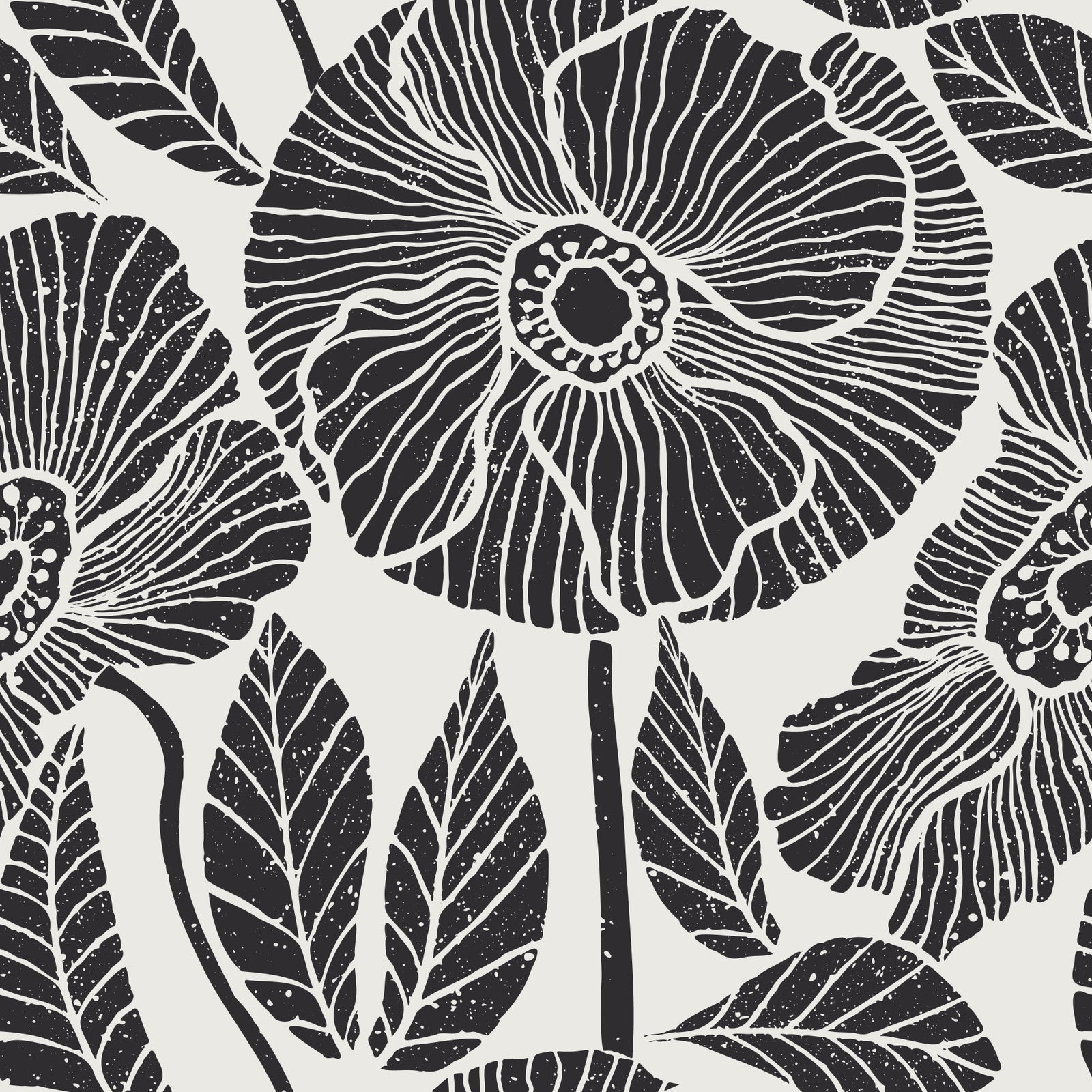 Poppy Floral Modern Black White Block Wallpaper⁠