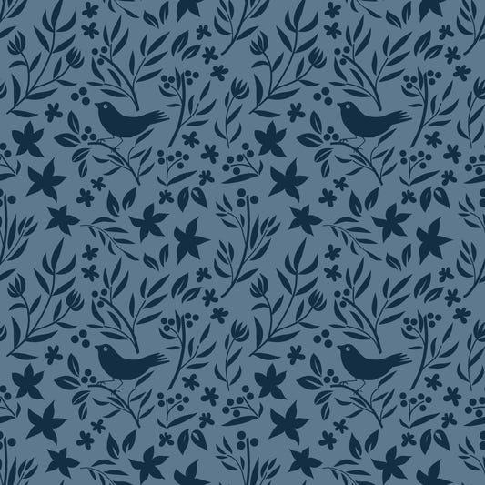 Blue Scandinavian Folk Bird Botanical Wallpaper‚Å†