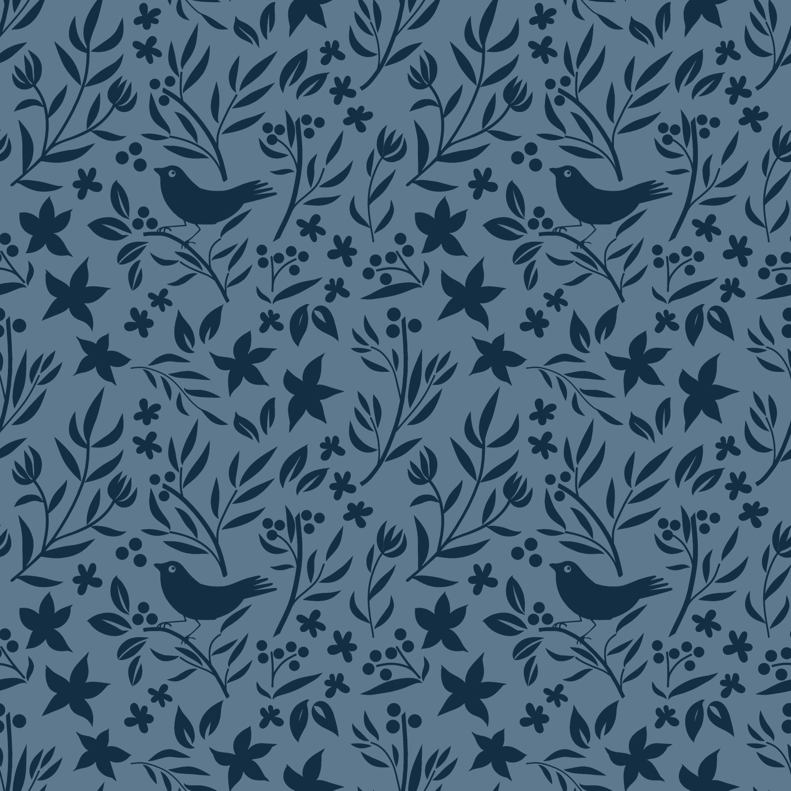 Blue Scandinavian Folk Bird Botanical Wallpaper⁠