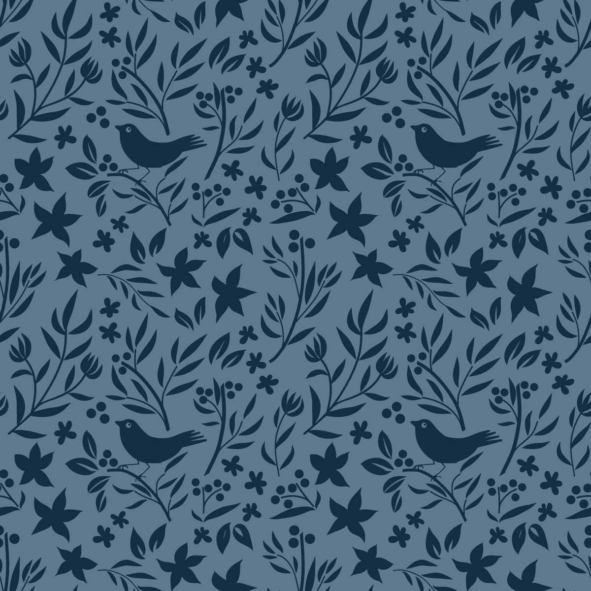 Blue Scandinavian Folk Bird Botanical Wallpaper⁠ in your room — zoomed