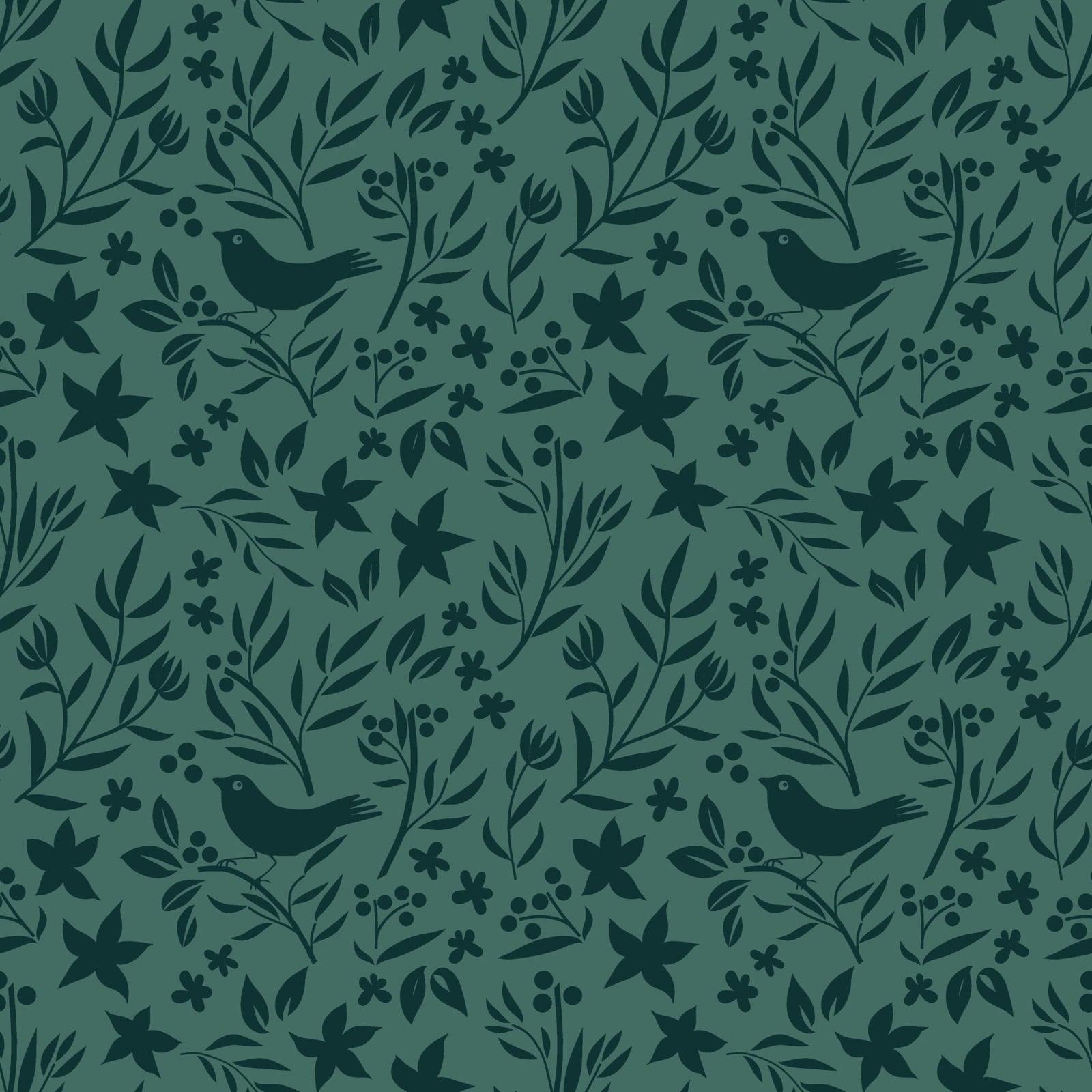 Green Scandinavian Folk Bird Botanical Theme Wallpaper⁠