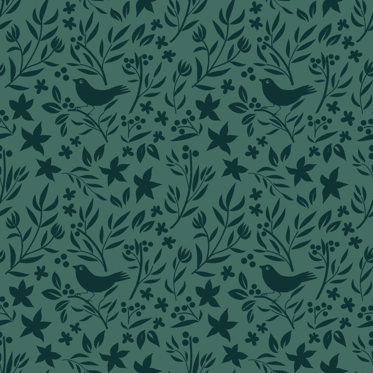Green Scandinavian Folk Bird Botanical Theme Wallpaper⁠ in your room — zoomed