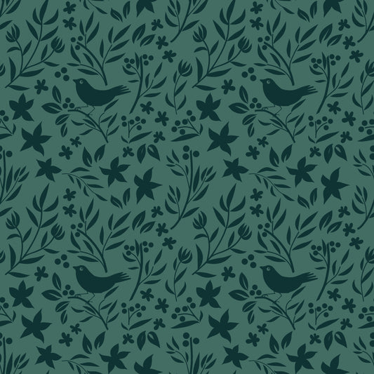 Green Scandinavian Folk Bird Botanical Theme Wallpaper⁠