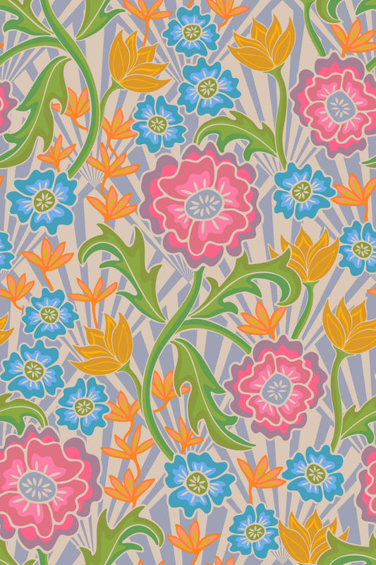 Maybelle Art Nouveau Floral Deco Geometric Retro Pink Orange Blue Green Wallpaper‚Å†