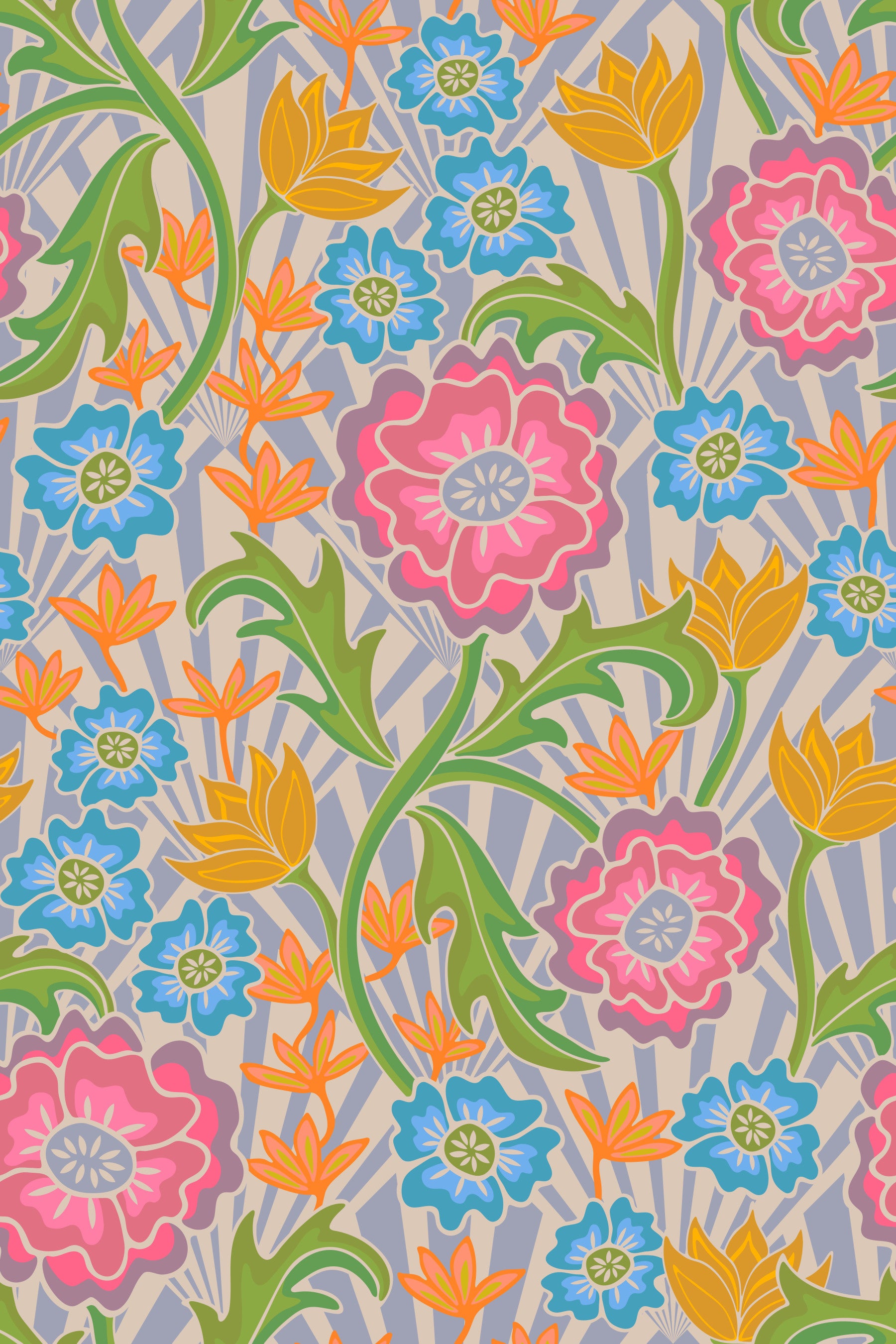 Maybelle Art Nouveau Floral Deco Geometric Retro Pink Orange Blue Green Wallpaper‚Å†