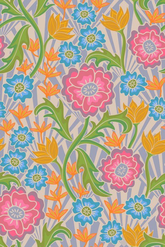 Maybelle Art Nouveau Floral Deco Geometric Retro Pink Orange Blue Green Wallpaper⁠