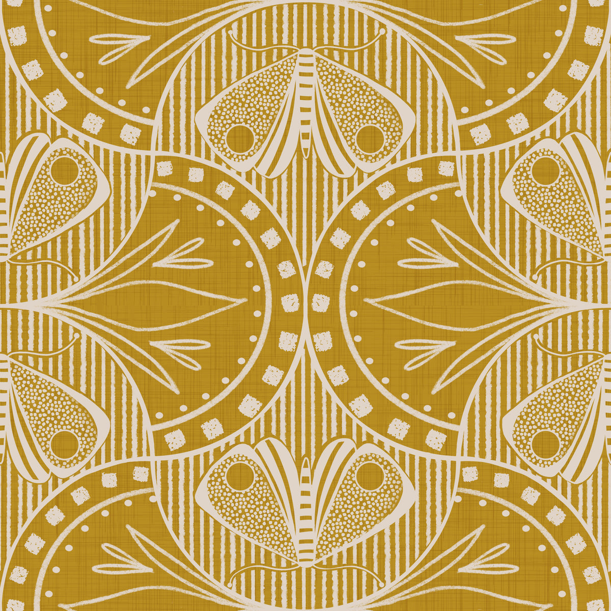 Papier peint floral papillon Art nouveau moutarde or