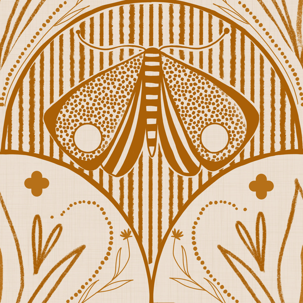 Papier peint floral papillon coquille Art nouveau bohème en crème et orange brûlé in your room — zoomed