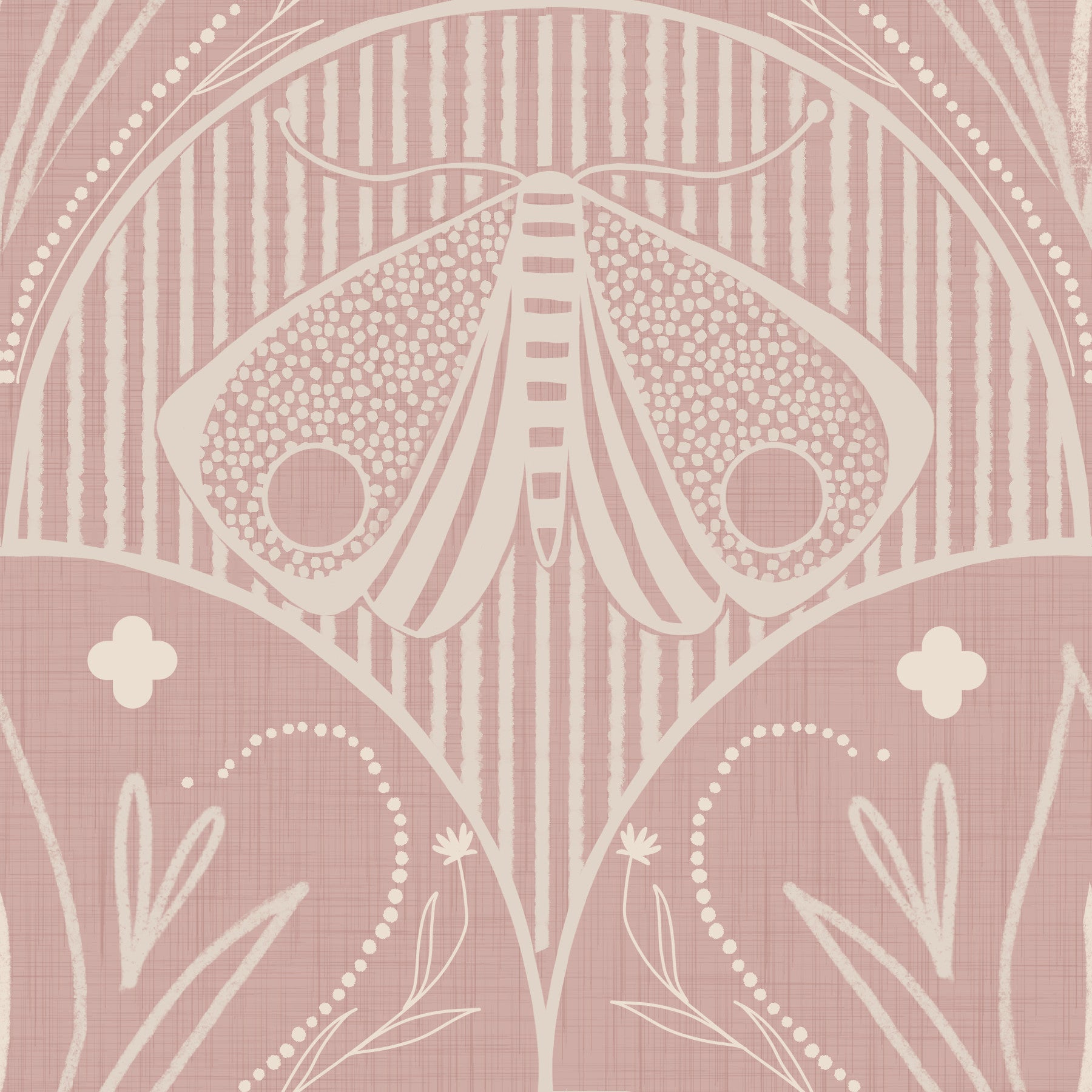 Boho Art Nouveau Scallop Butterfly Floral in Cream and Dust Pink Wallpaper⁠