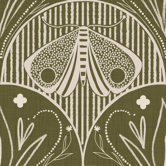 Boho Art Nouveau Scallop Butterfly Floral in Olive Drab Wallpaper‚Å†