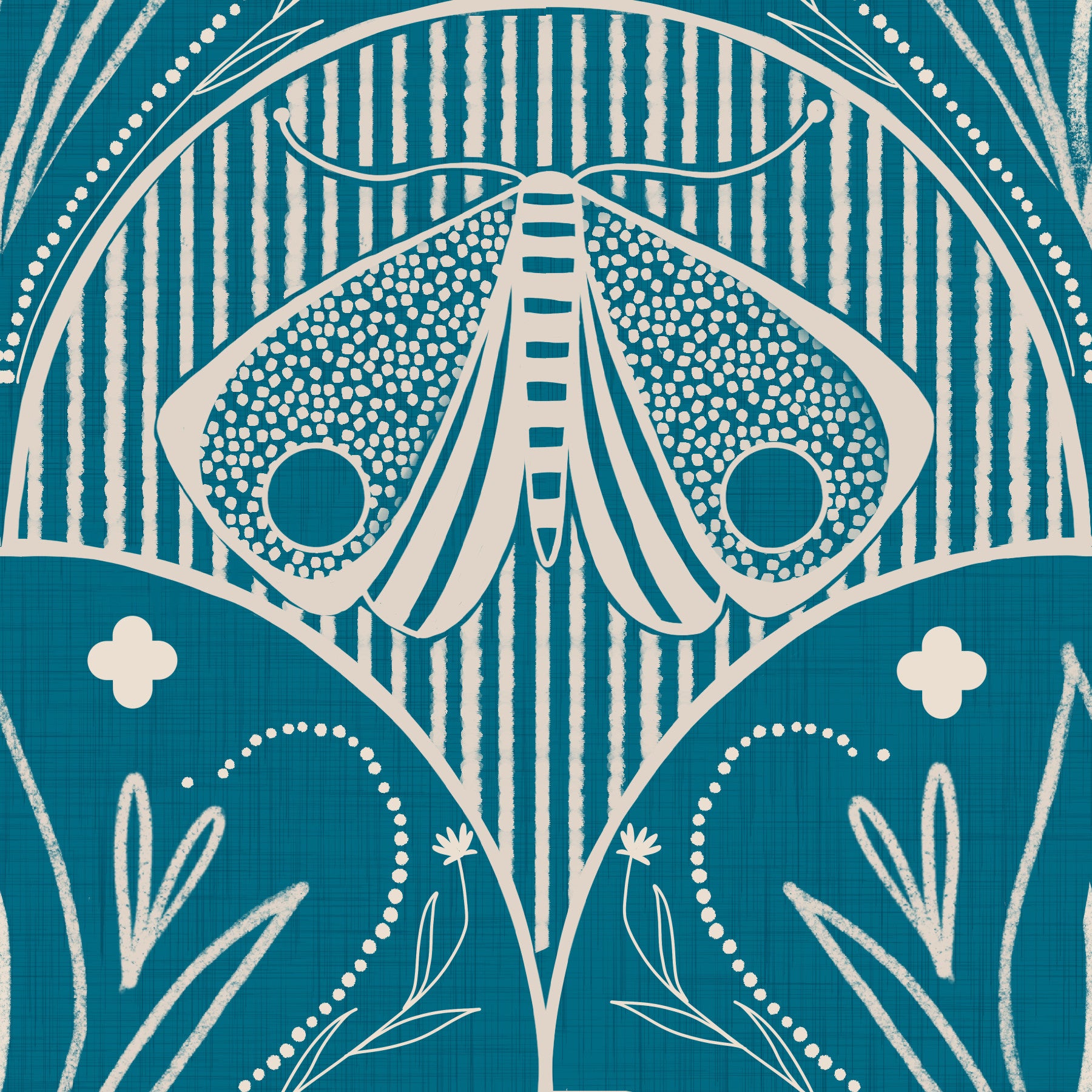 Papier peint floral papillon coquille Art nouveau bohème en bleu sarcelle