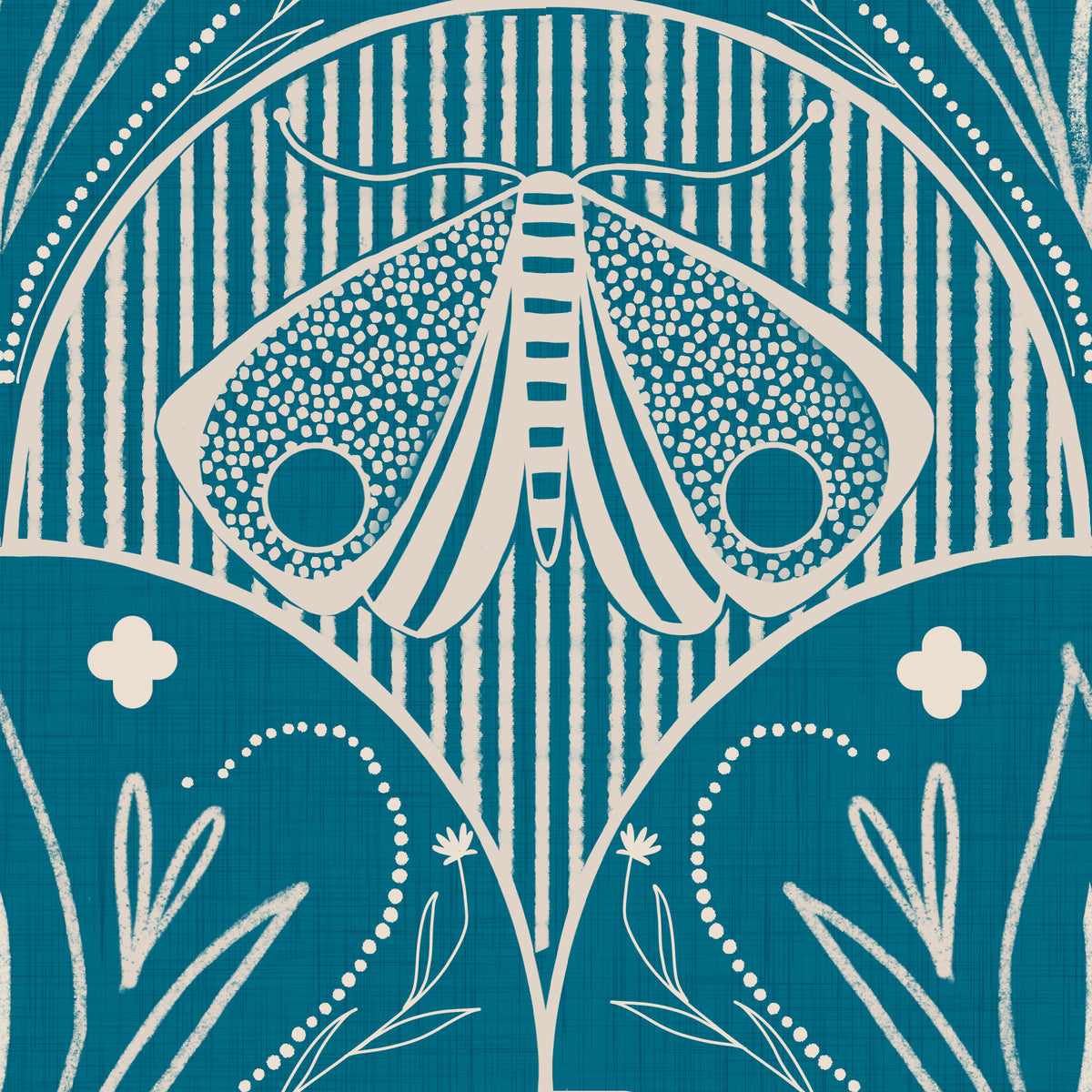 Boho Art Nouveau Scallop Butterfly Floral in Teal Blue Wallpaper⁠ in your room — zoomed