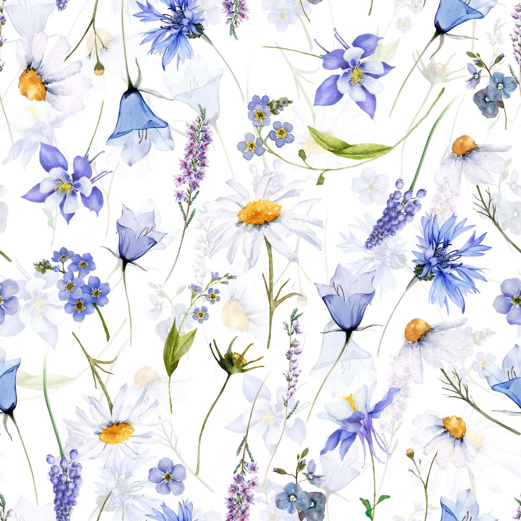 Wildflower Whispers: Blue Watercolor Wallpaper⁠ in your room — zoomed