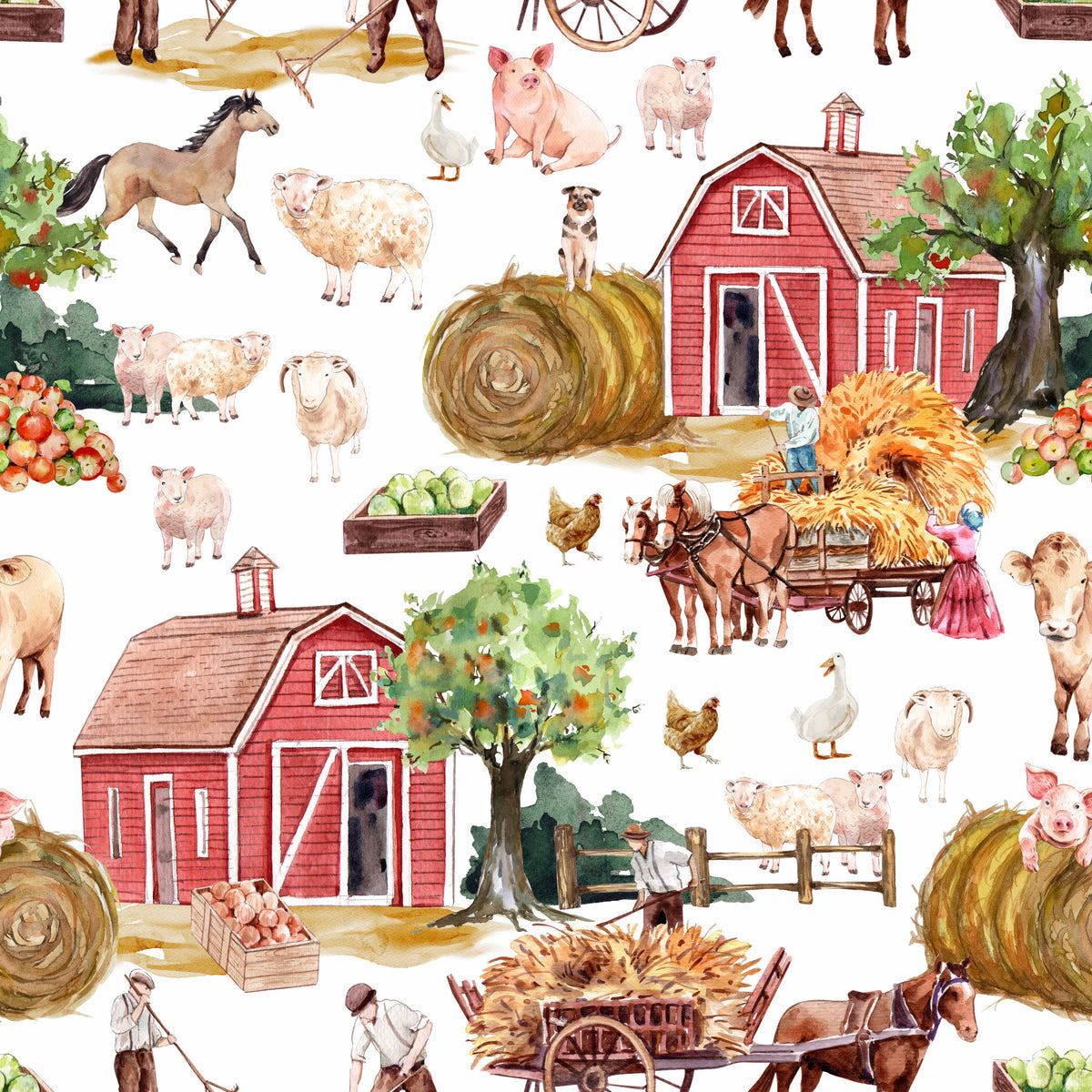 Farm Life Watercolor Wallpaper⁠ in your room — zoomed