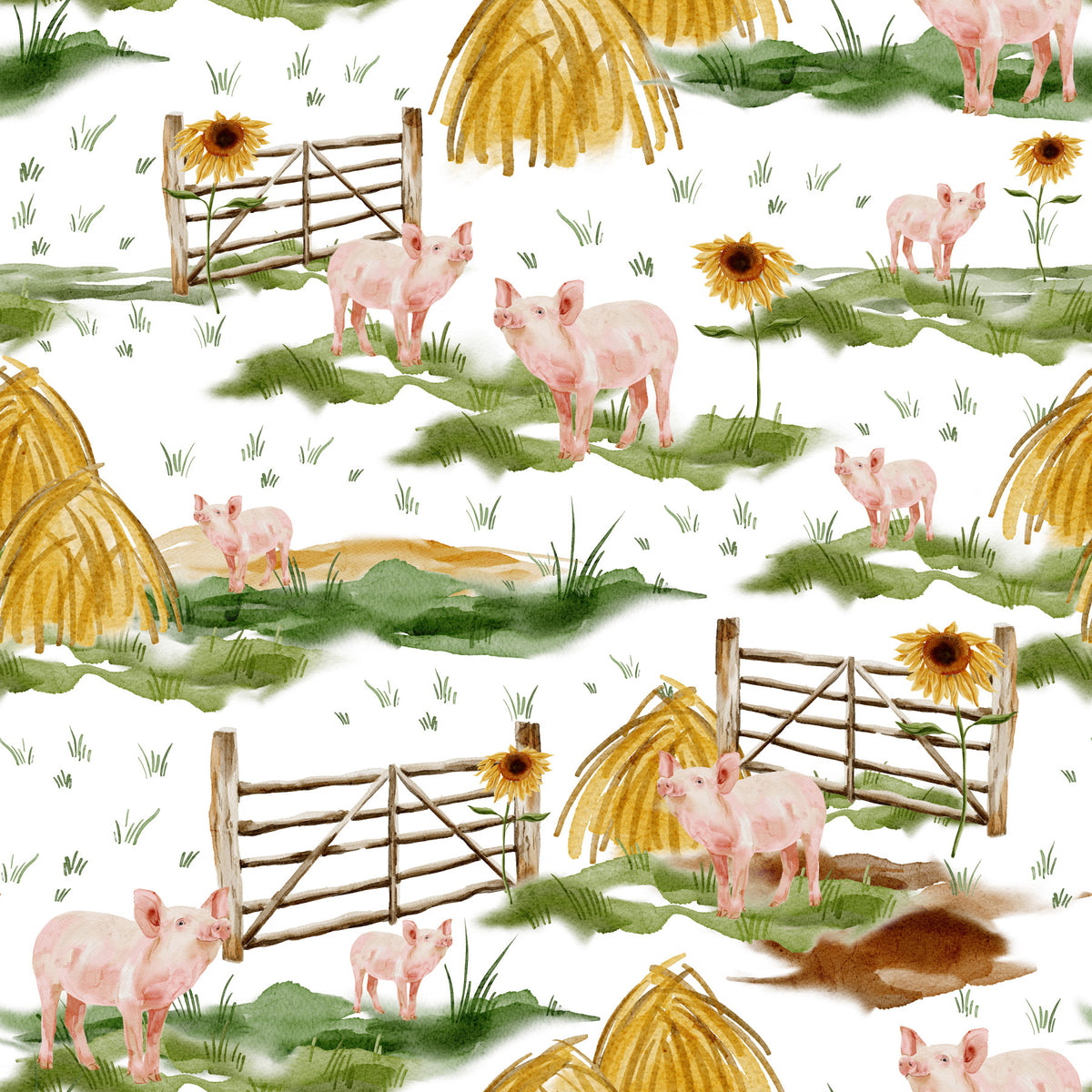 Piggy Farm Watercolor Wallpaper⁠ in your room — zoomed
