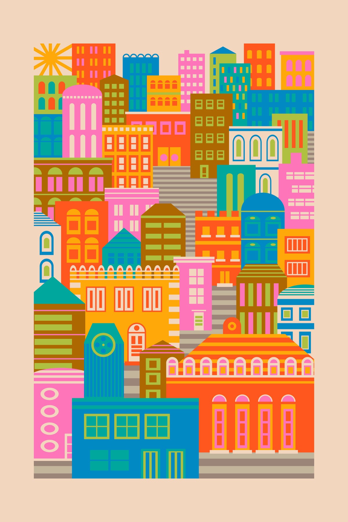 Mural de parede com luzes da cidade durante o dia, estilo vintage, com edifícios geométricos vibrantes e ensolarados, num cenário de arco-íris. in your room — zoomed