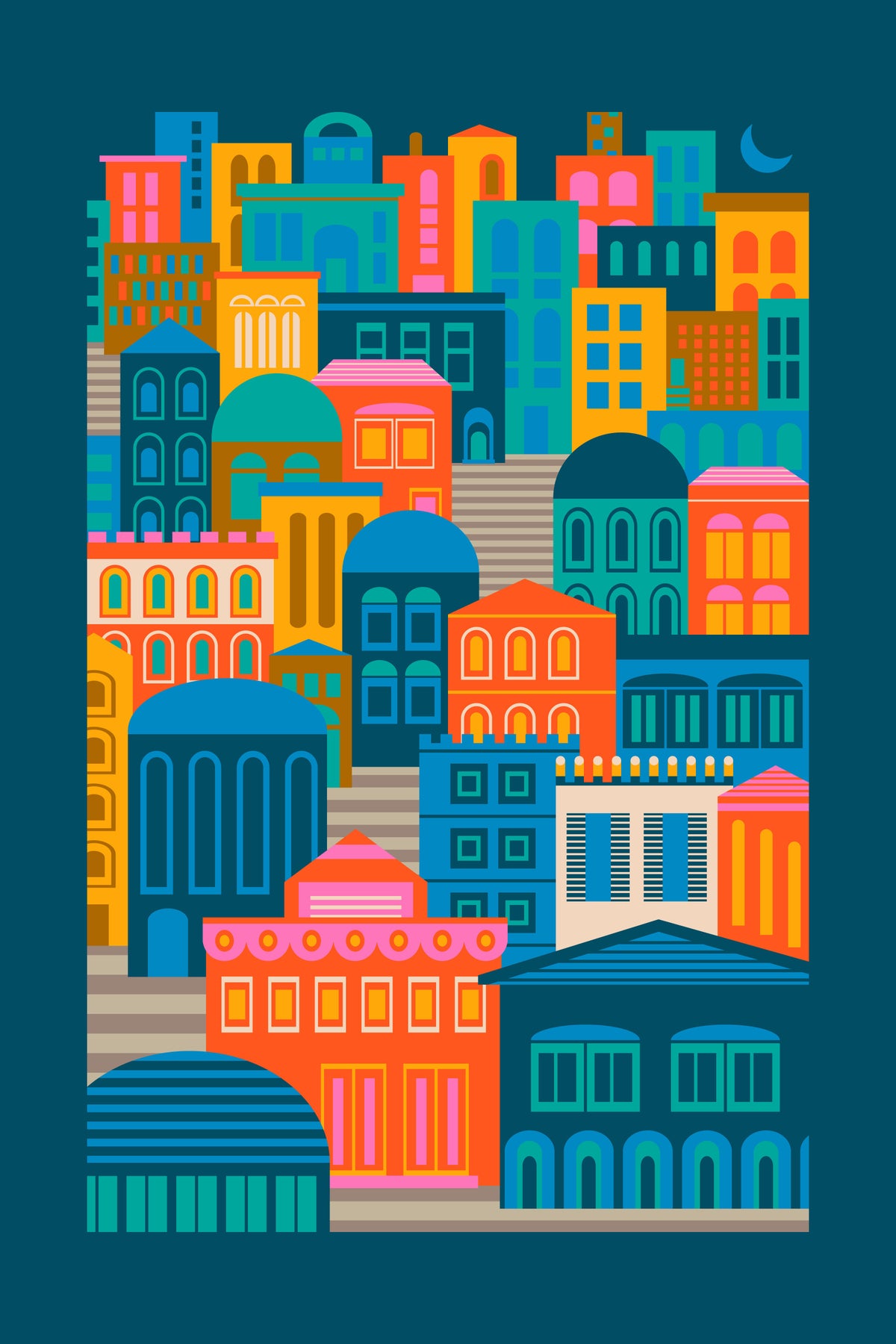 City Lights At Night Vintage Travel Bright Geometric Buildings Moon Rainbow Brights Wall Mural in your room