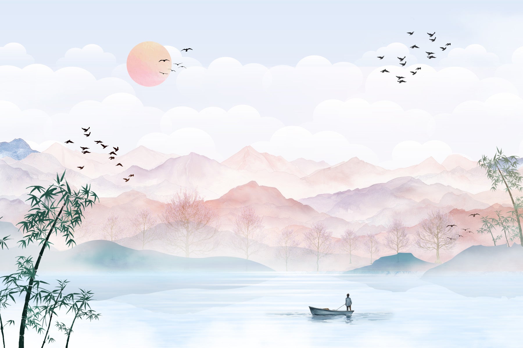 Watercolor Mountain Haze Wall Mural in your room — zoomed